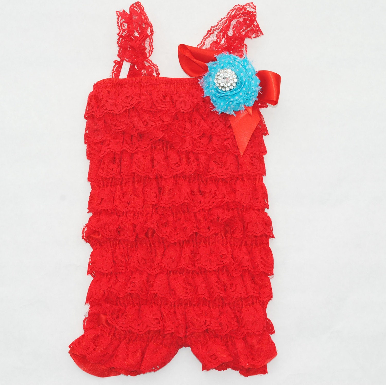 Red Lace Newborn, Toddler, Girl Baby Petti Romper Photo Prop With Removable Hair Shabby Flower Clip
