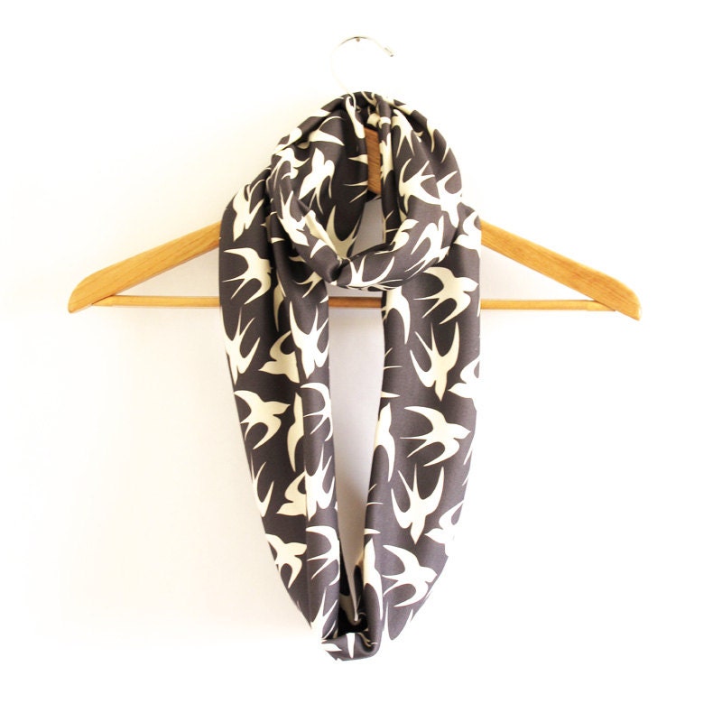 Organic Jersey Infinity Scarf in Navy Swallow Bird Print - Gift For Her - Winter Accessories - Free Shipping USA