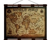 WORLD Map- Hand Burned Leather Wall Hanging -24x18 in.