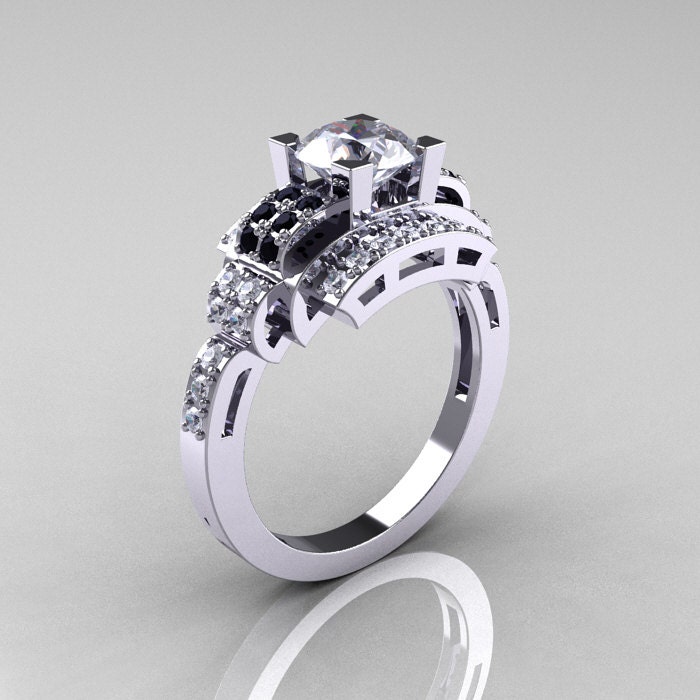 Modern Edwardian 14K White Gold 1.0 Carat White Sapphire Black Diamond Ring R202-14KWGBDWS
