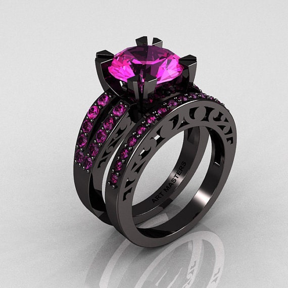 Modern Vintage 14K Black Gold 3.0 Carat Pink Sapphire Solitaire and Wedding Ring Bridal Set R102S-14KBGPS