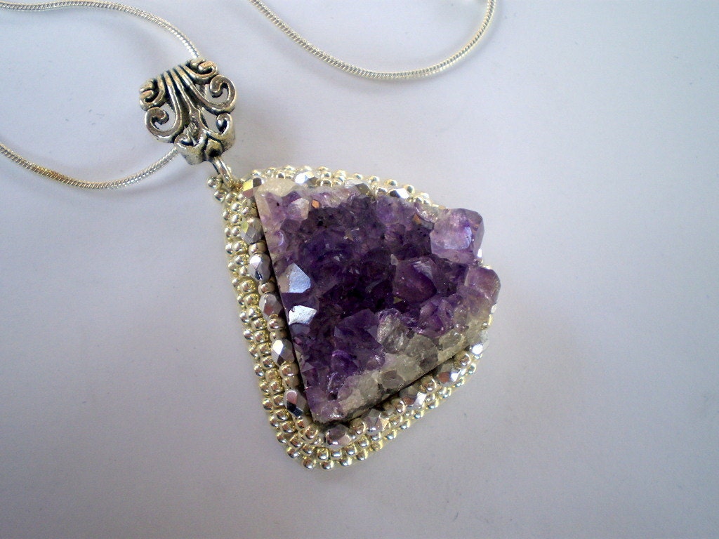 Bead Embroidery Necklace Unique custom necklace  Seed beads jewelry Spring colors   Amethyst Silver