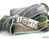 Wrap bracelet, handcrafted fine silver charm, Love, PMC, hand dyed silk ribbon, boho, summer, gray, green, bracelet