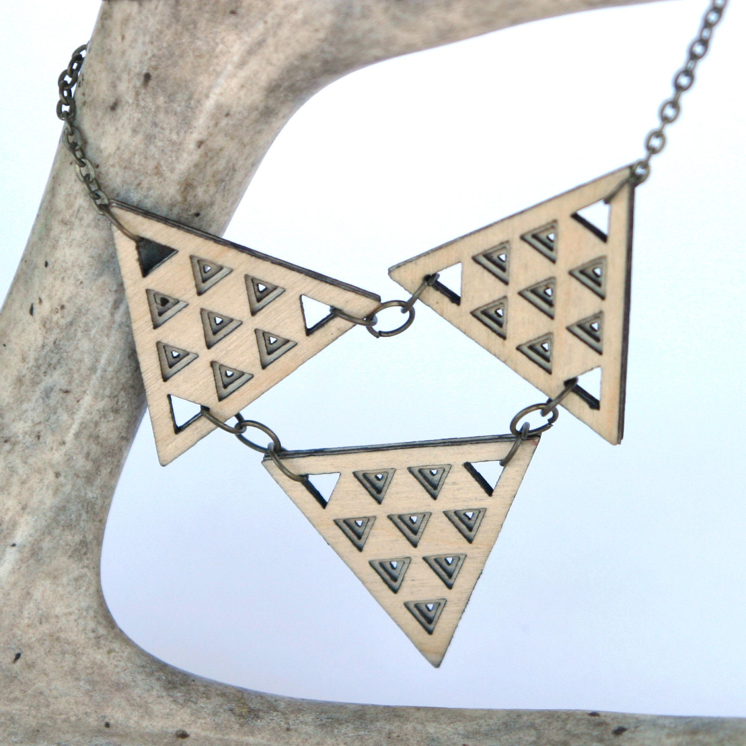 Minimal Modern Wood Triple Triangle Necklace: Geometric Patterned Handcrafted Jewelry (0005)