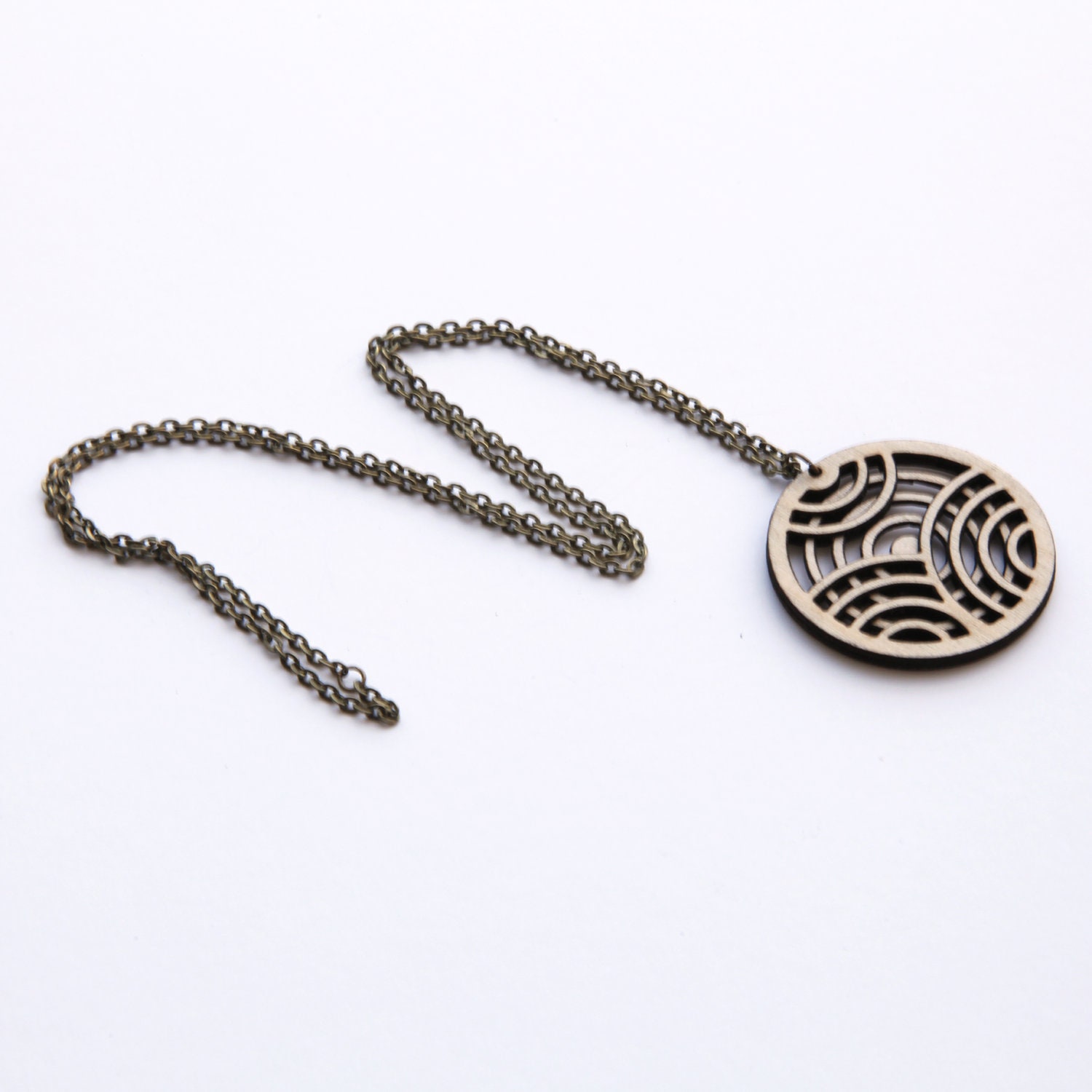 Circles in Circles Geometric Mid-length Chain Necklace with Wood Pendant (0034)