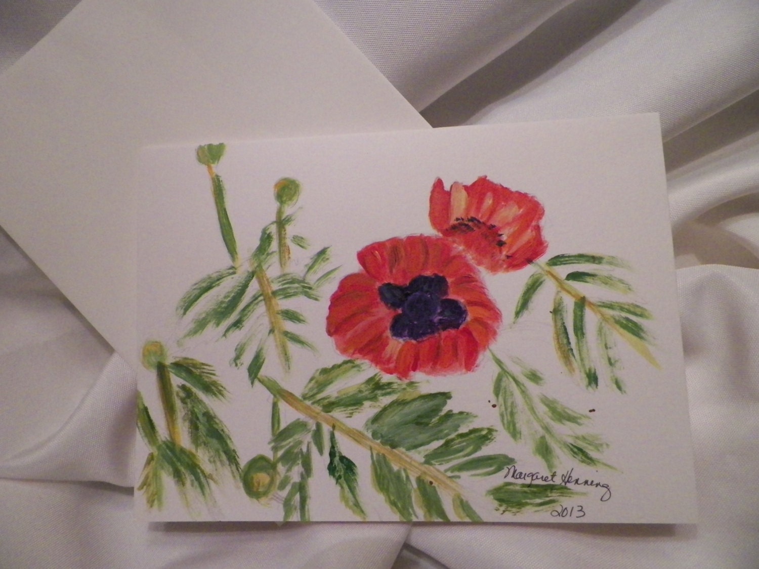 Original Acyrlic Painting of Poppy Flowers  on Note Card