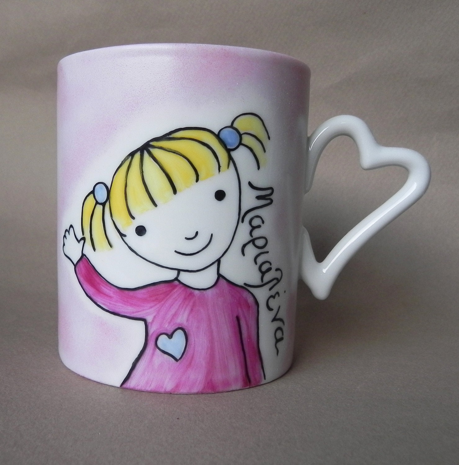 Little blond girl custom, personalized hand painted porcelain cup with a heart shaped handle