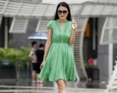 Elegant "V" Collar Dress Knee Length Dress in Green Shortsleeve Cotton Pleat Dress - NC465