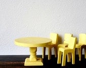 Vintage Wood Doll Furniture, Sunny Yellow Large Table & Chairs Set, 1970s Handmade Hand Painted