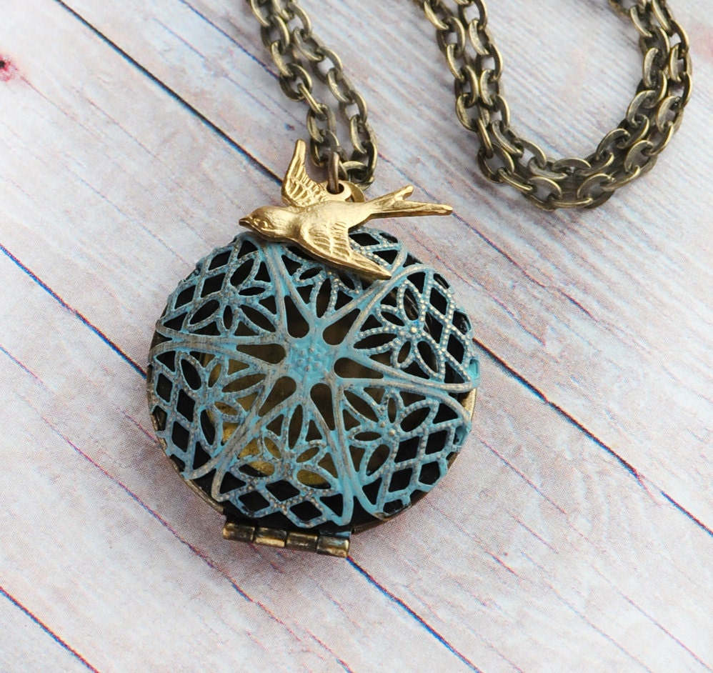 Locket Necklace Jewelry Blue Patina Filigree Country Wedding Bridesmaid Gift Golden Bird Locket Jewelry