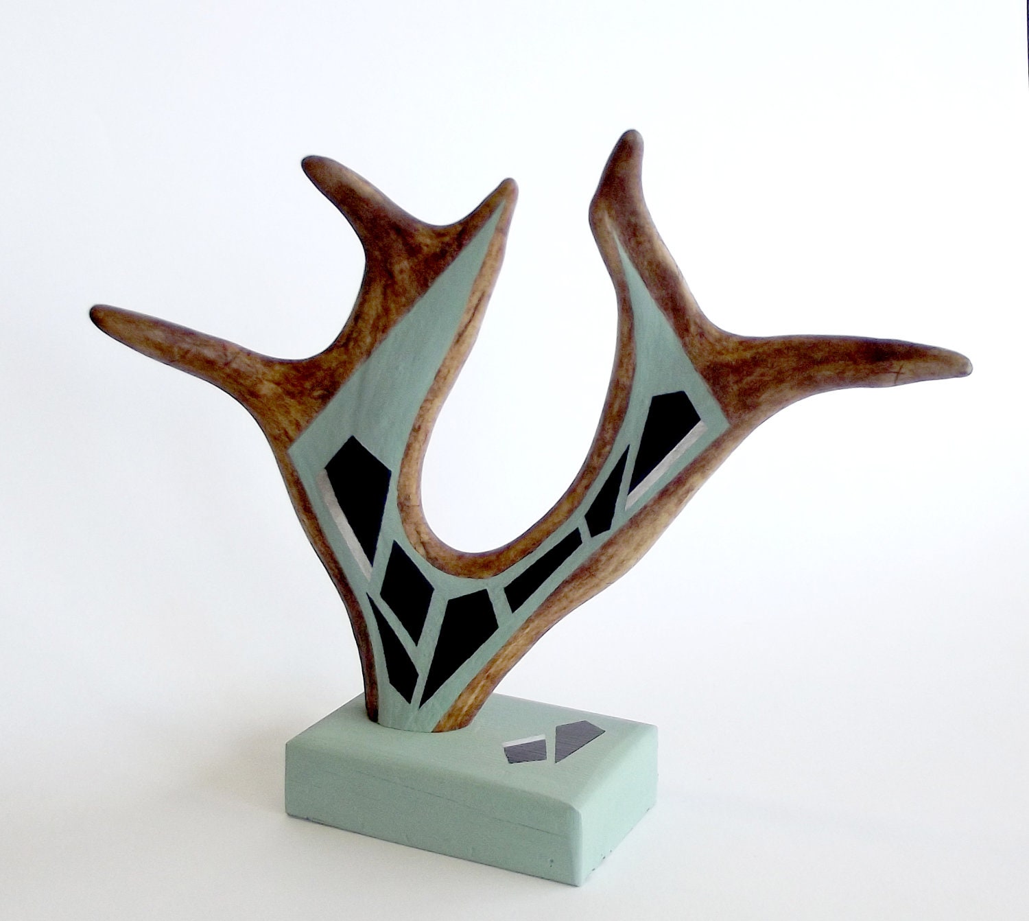 SAGE GREEN, BLACK, silver antler jewelry jewellery holder display tree geometric ornament taxidermy recycled upcycled
