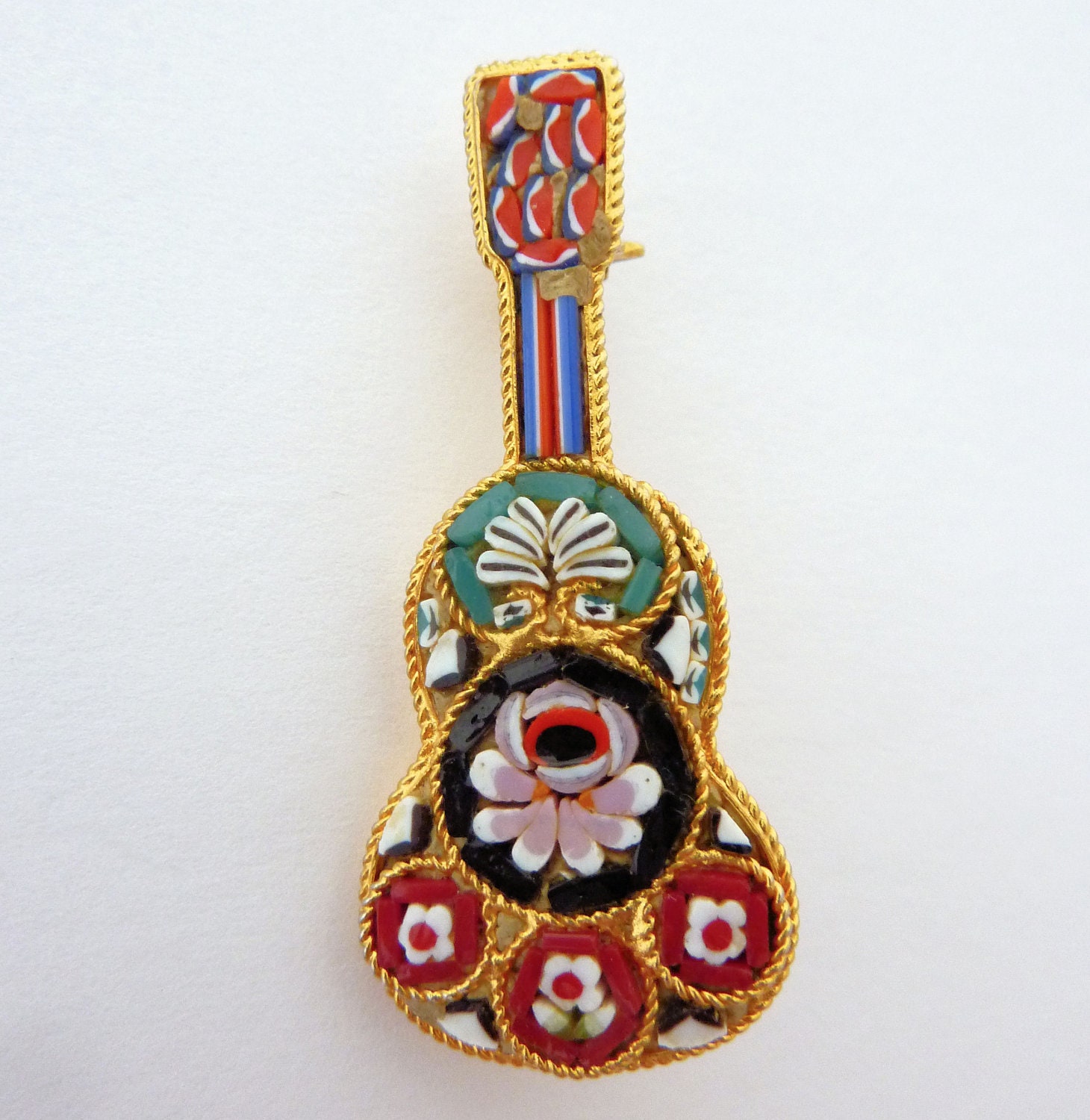 Vintage Micro Mosaic Guitar Pin, Made In Italy