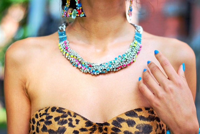 Buy necklaces - Stunning Braided Neon Crystal, Rainbow Thread Wrapped Bib Necklace