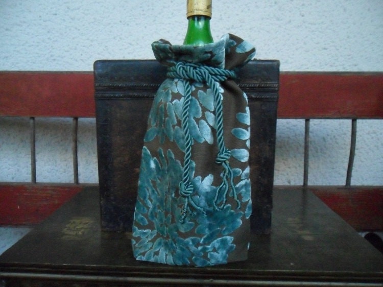 Wine Bag Sack Aqua Cut Velvet Gift Bag