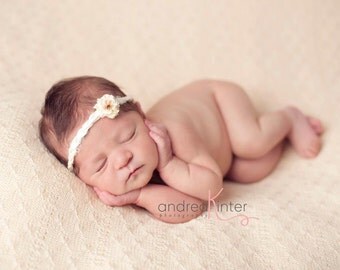Newborn Tieback Headband- "Charlotte" Tiny Soft  Rose Tieback- Vintage Baby Headband-Rose Headband- Newborn Photography Props