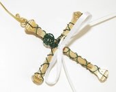 Cross Christmas Ornament Wall Hanging Home Decor Gold Horseshoe Nail Cross Green Wire Wrapped White Ribbon Handmade Montana USA Free Ship