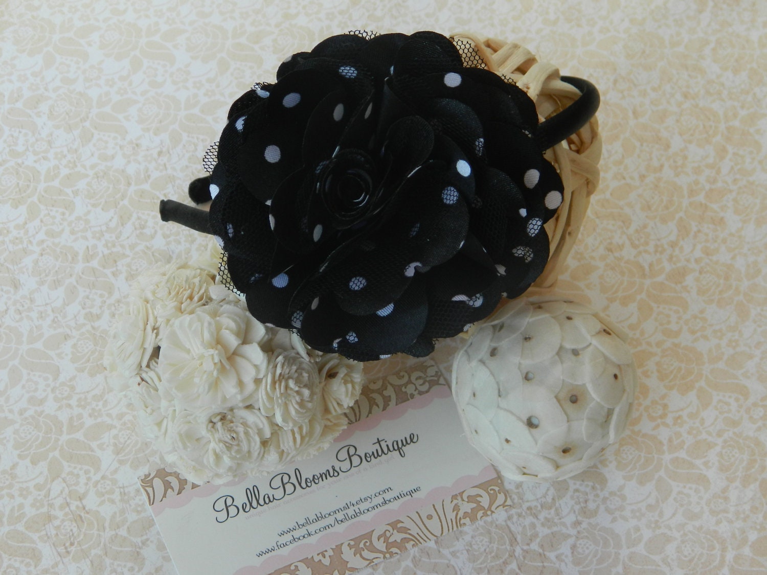 20% OFF ORDER Black Satin Puff Headband..Hard Satin Headband..Polka Dot Headband..Black White Polka Dots..Purple Headband