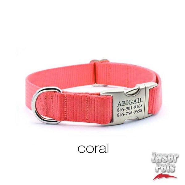 Laser Engraved Personalized Buckle Webbing Dog Collar - Coral