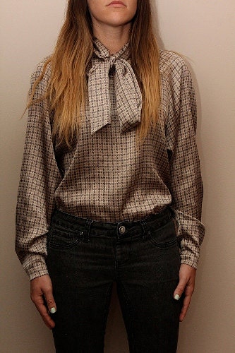 Women's Vintage 70's Vintage Neutral Plaid  Long Sleeved Tie Tunic Top