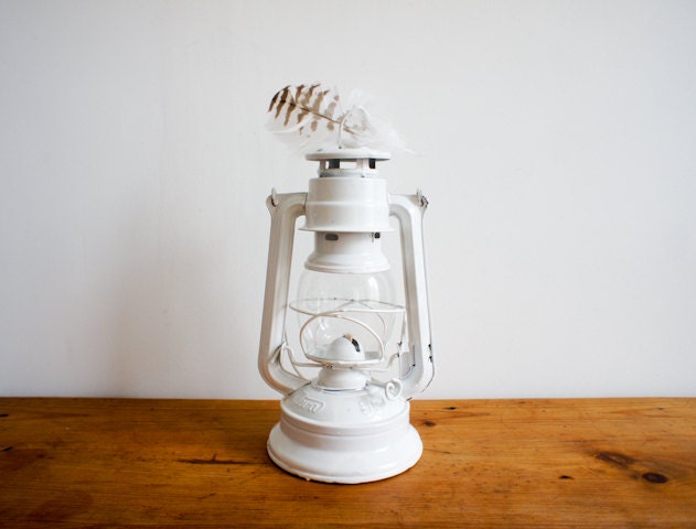 vintage hurricane lantern made by MEVA Czechoslovakia in white
