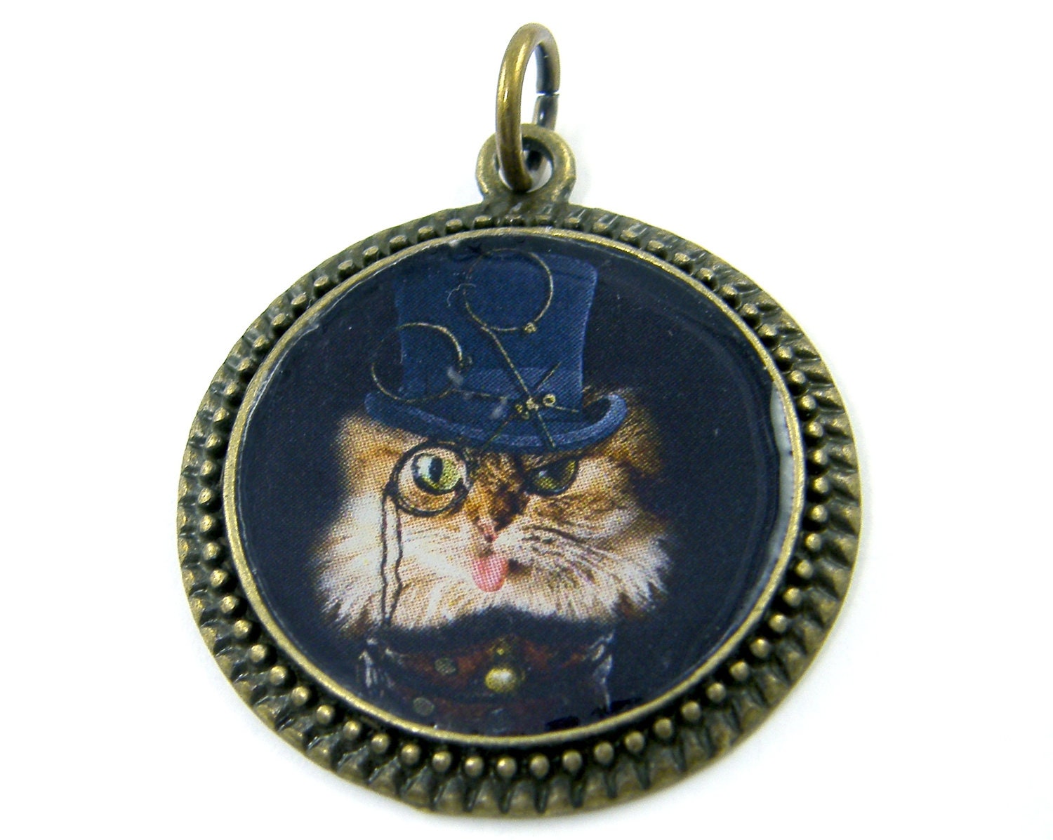 Steampunk Pendant - Cat in Top Hat Dark Navy Blue Tan Attitude Tongue Monocle Photo Pet Jewelry