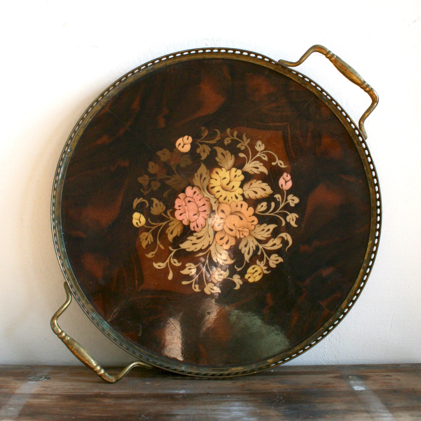 Vintage Tray with Floral Wood inlay and Brass handles