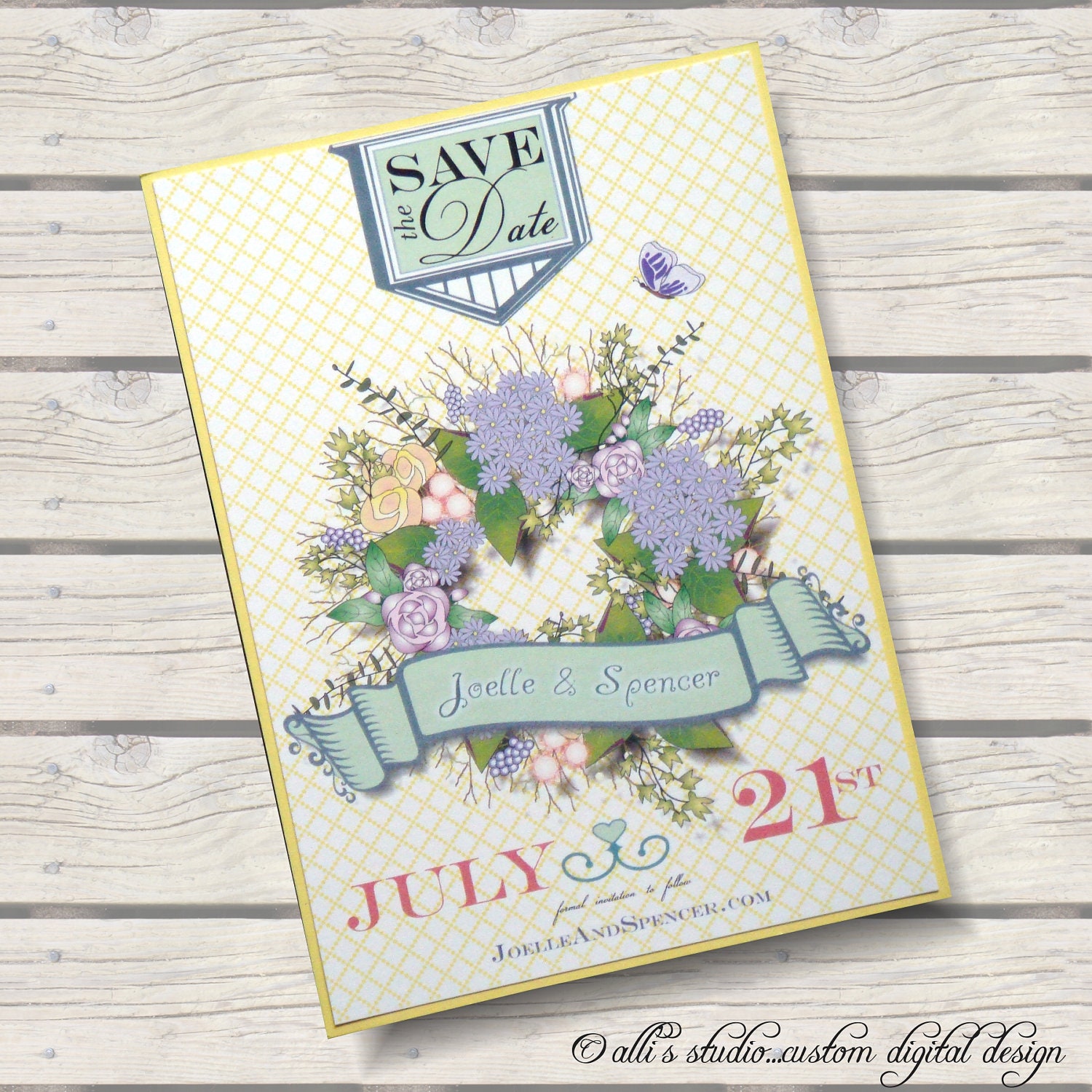Shabby Chic Save the Date Floral Wreath 5x7 Announcement, Linen