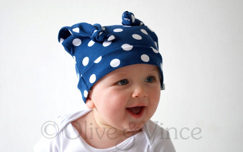Blue toddler hat white polka dots spotty double knot beanie cap funky cute cotton kids fashion accessory pirate style smiling baby boy