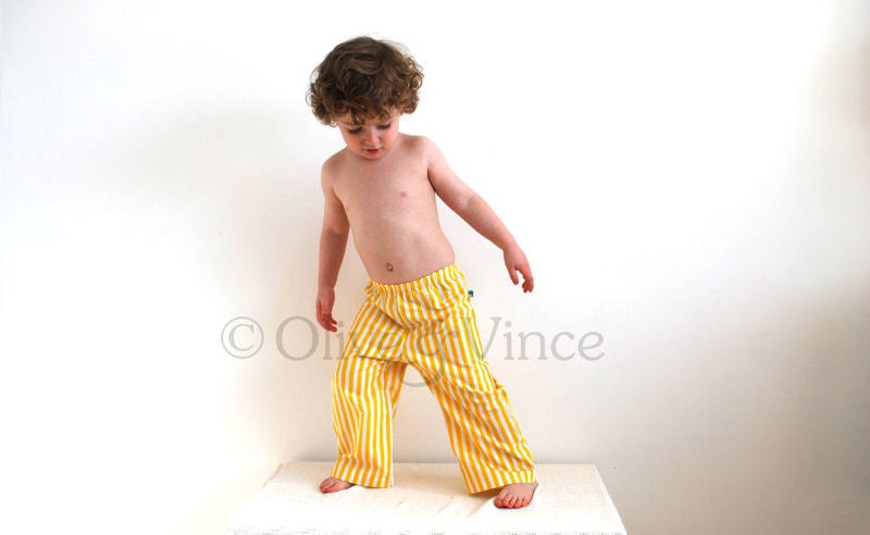 Yellow stripe pants cotton summer toddler trousers sunshine white bright unisex beach seaside spring loose baggy clothing kids easter pastel