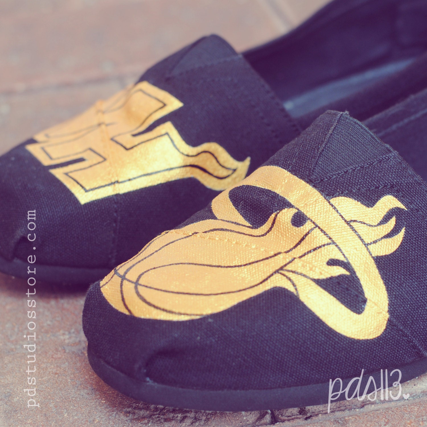 Custom Hand painted Toms, Miami Heat Basketball Toms, Black and Gold Heat Miami Toms