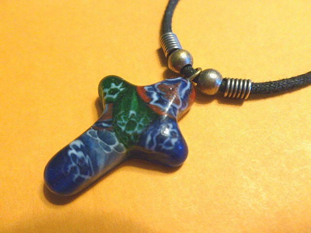 1970s Colorful Polymer Clay OOAK Vintage Cross On Beaded Necklace