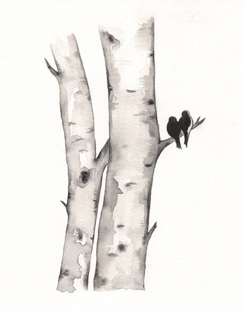 Birch Tree Love No. 1 / Love Birds / Romance / watercolor print / grey / black and white / Archival - kellybermudez