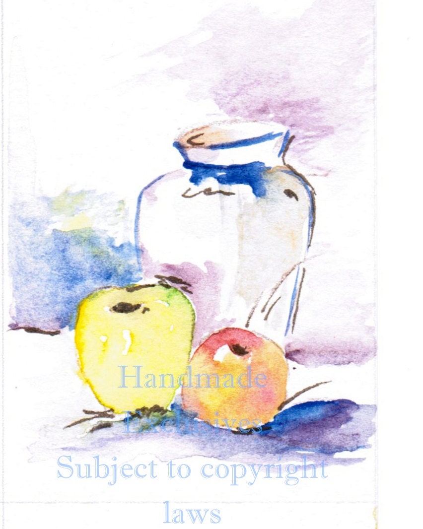 Still life, Nature art, Watercolor apples, Glass vase, Original Painting, OOAK, ACEO14
