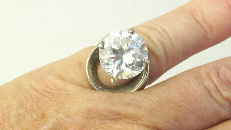 Sterling Silver Large Cubic Zirconia Solitare RING Signed Inc WA on Etsy