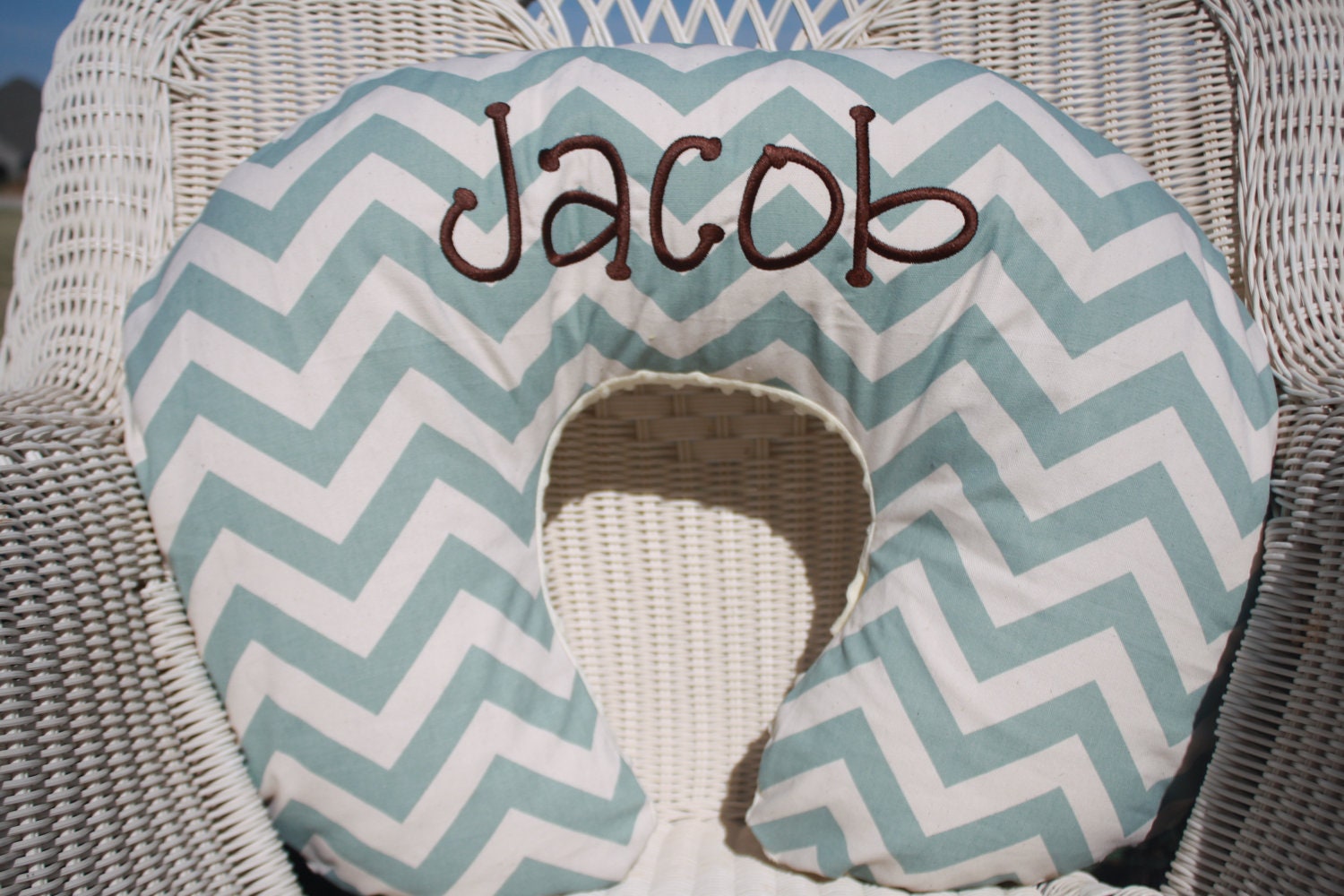 Personalized Village Blue Chevron and Brown Minky Boppy Cover