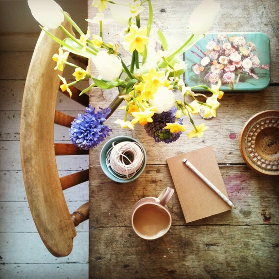 Limited Edition Signed Print of The Table. 'April' featuring Hyacinths and Narcissus alongside Vintage and Contemporary Ceramics