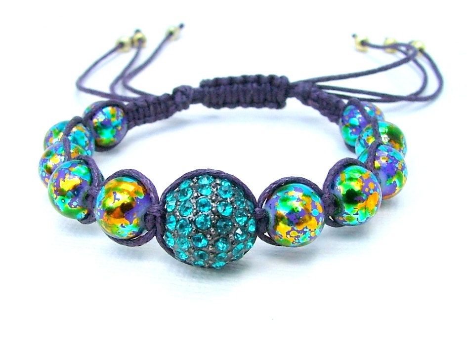 Crystal Pave Beaded Macrame Bracelet in Jewel Tones - Adjustable