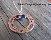 Personalized Hand Stamped Necklace - CUSTOM Hand Stamped Washer Necklace Open Circle - Mommy Sterling Silver with Birthstone Drop