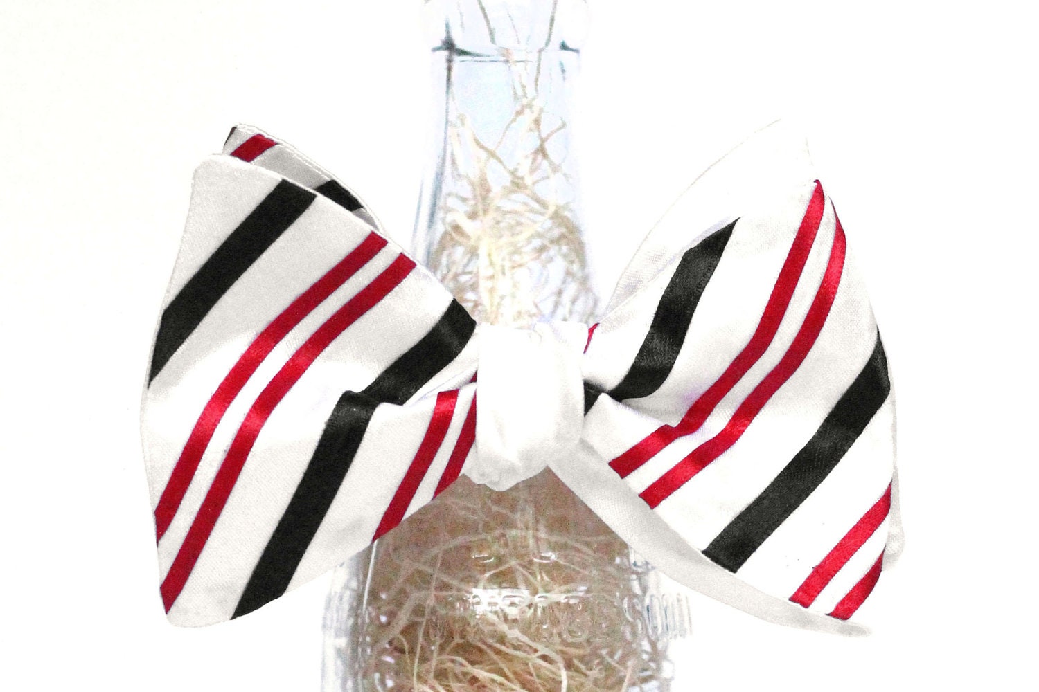 Handmade White Satin Self Tie Bow Tie with Black and Red Double Stripes