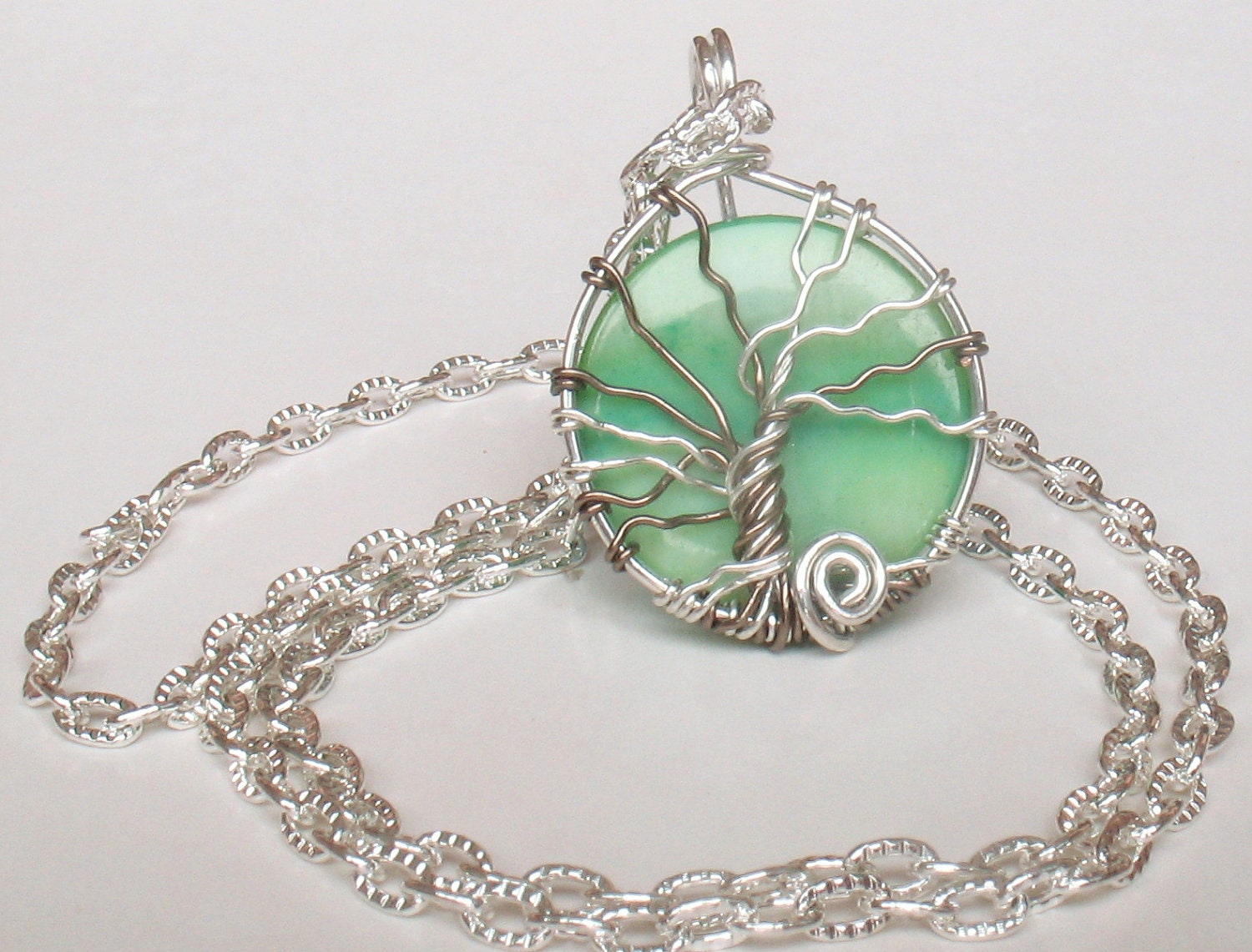 Tree Of Life Mixed metal wire wrapped Green shell bead Pendant necklace Silver plated with chain non tarnish