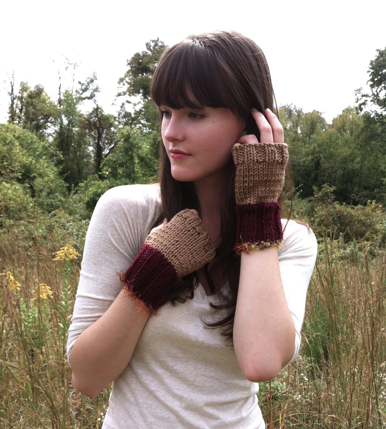 Beige & Burgundy Autumn Fingerless Mittens, Knitted with Fringe, Commuter Gloves