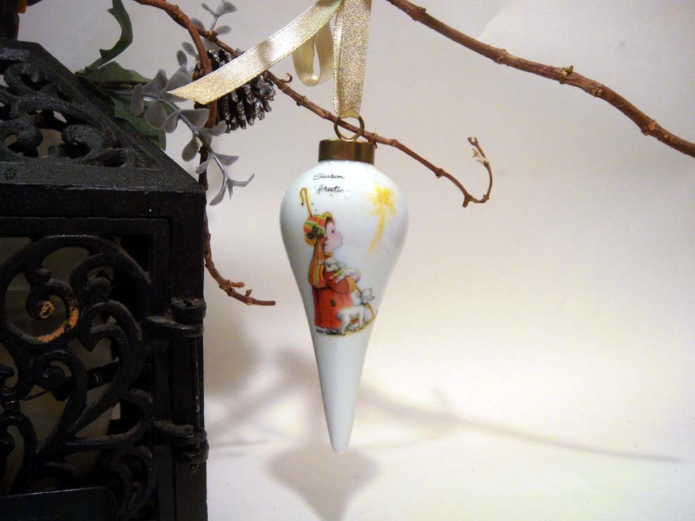 Vintage Christmas Shepard Boy Ornament Tree Decoration Holly Hobbie Porcelain