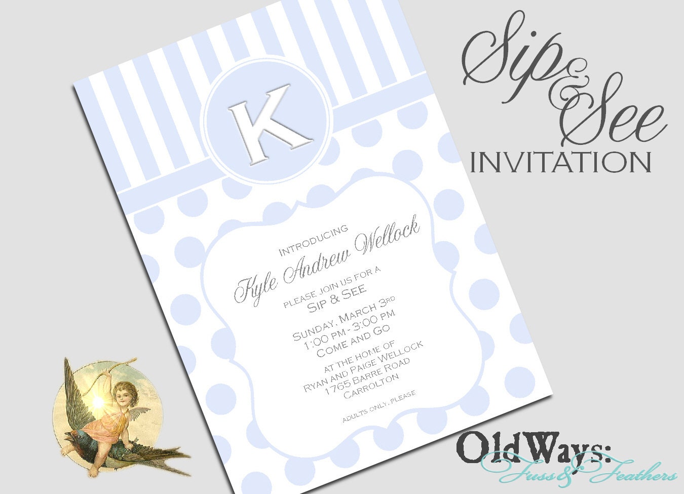 Monogram Sip and See Invitation Boy Baby Shower Blue and White - Printable Custom Invite DIY 5x7 Digital JPEG PDF Files
