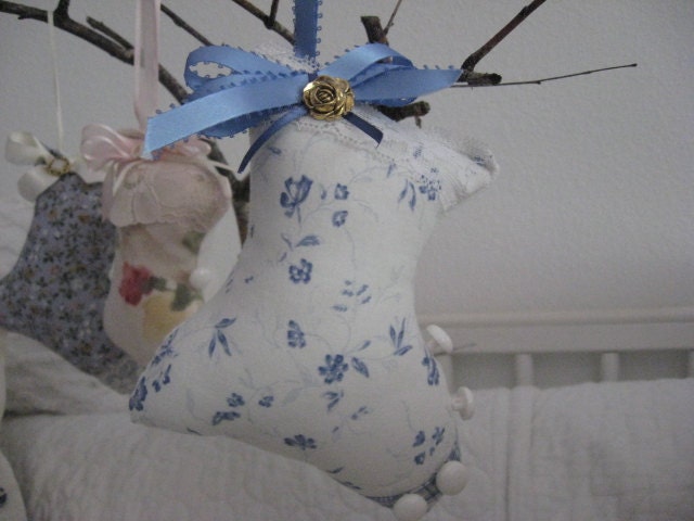 Old Fashioned Stuffed Shoe White with Blue Flowered Print Blue Ribbon Pincushion Home Decor Ornament