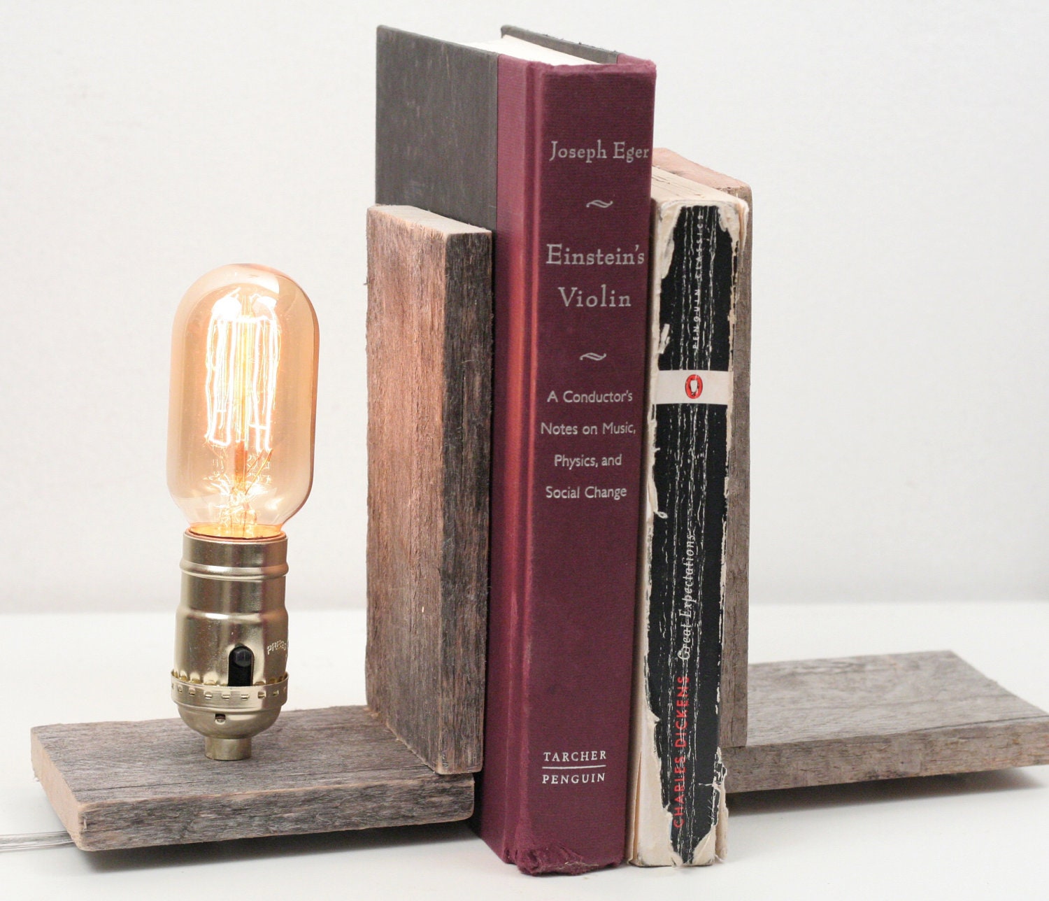 Bookends- Salvaged Wood Bookends, Rustic Lamp, Shelf Lighting, Exposed Edison Bulb