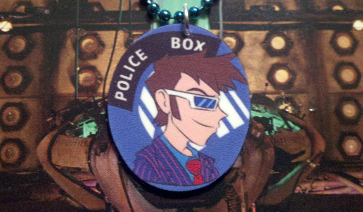 Tenth Doctor Charm Necklace - Two-sided on TARDIS blue chain