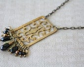 Vintage Gold Necklace - Filigree Pendant with Handmade Charms, Long Black and Gold Chain, Matching Earrings