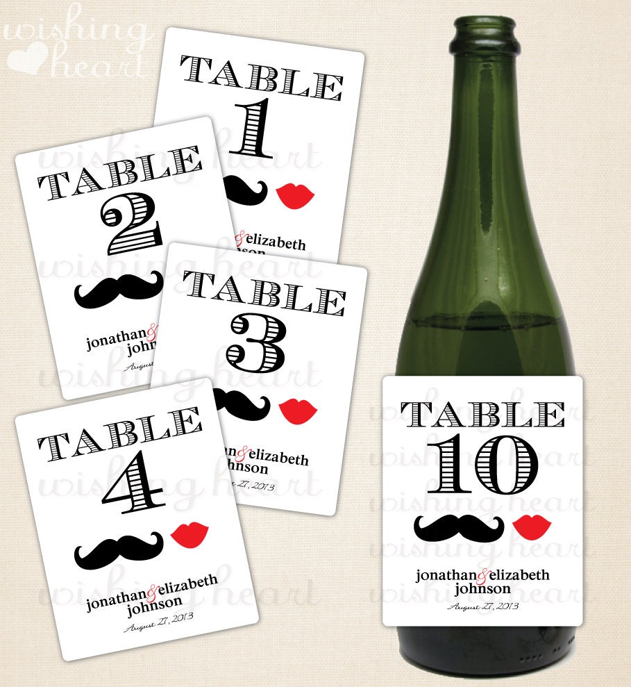 Personalized Mustache and Lips Waterproof Wine Bottle Labels for Wedding or Bridal Shower Table Numbers - 12 Labels Il_570xn