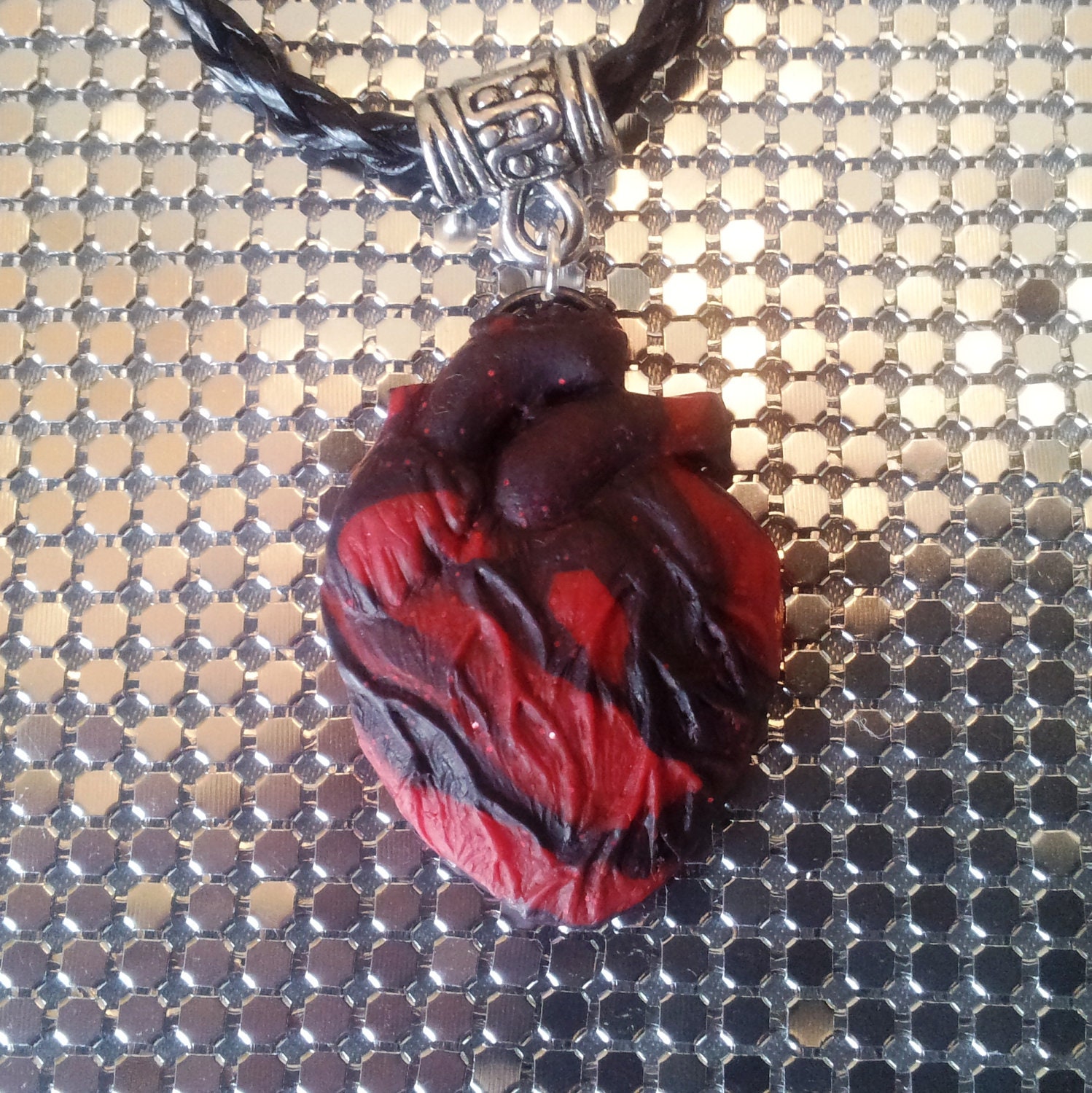 Handmade Red & Black Anatomical Heart Pendant on a Leather Cord Necklace Gothic Steampunk Emo Punk