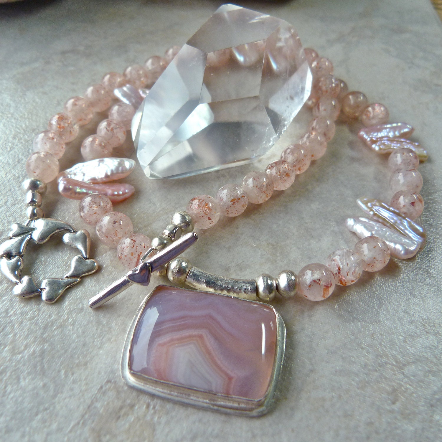 Laguna Agate Pendant - Strawberry Sunstone Pink Biwi Pearl - Elegant Wedding Pink Artisan Heart Necklace Bracelet